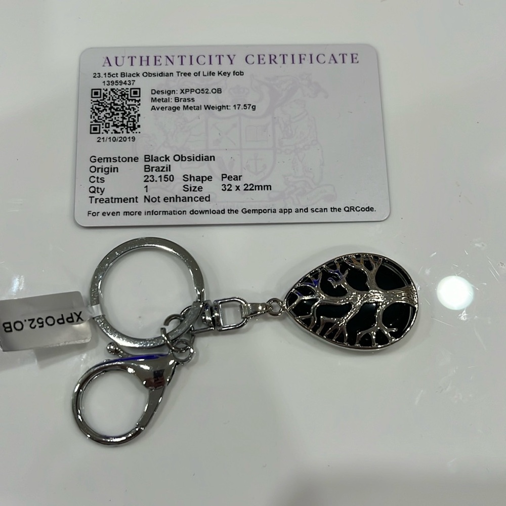 AUTHENTIC 23.15ct BLACK OBSIDIAN TREE OF LIFE KEY FOB PEAR SHAPE BRAND NEW